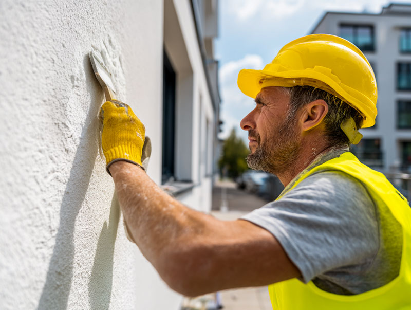 Fassadenreparatur Hanau - Fachmann spachtelt Hauswand mit Reparaturspachtelmasse fachgerecht aus