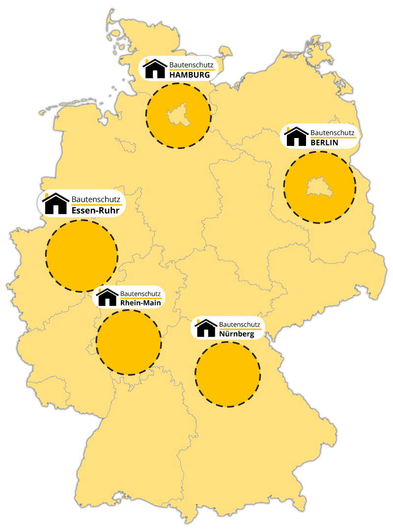 Bautenschutz Rhein-Main Landkarte von Deutschland mit unserem Einsatzgebieten: Hanau, Frankfurt, Essen, Berlin